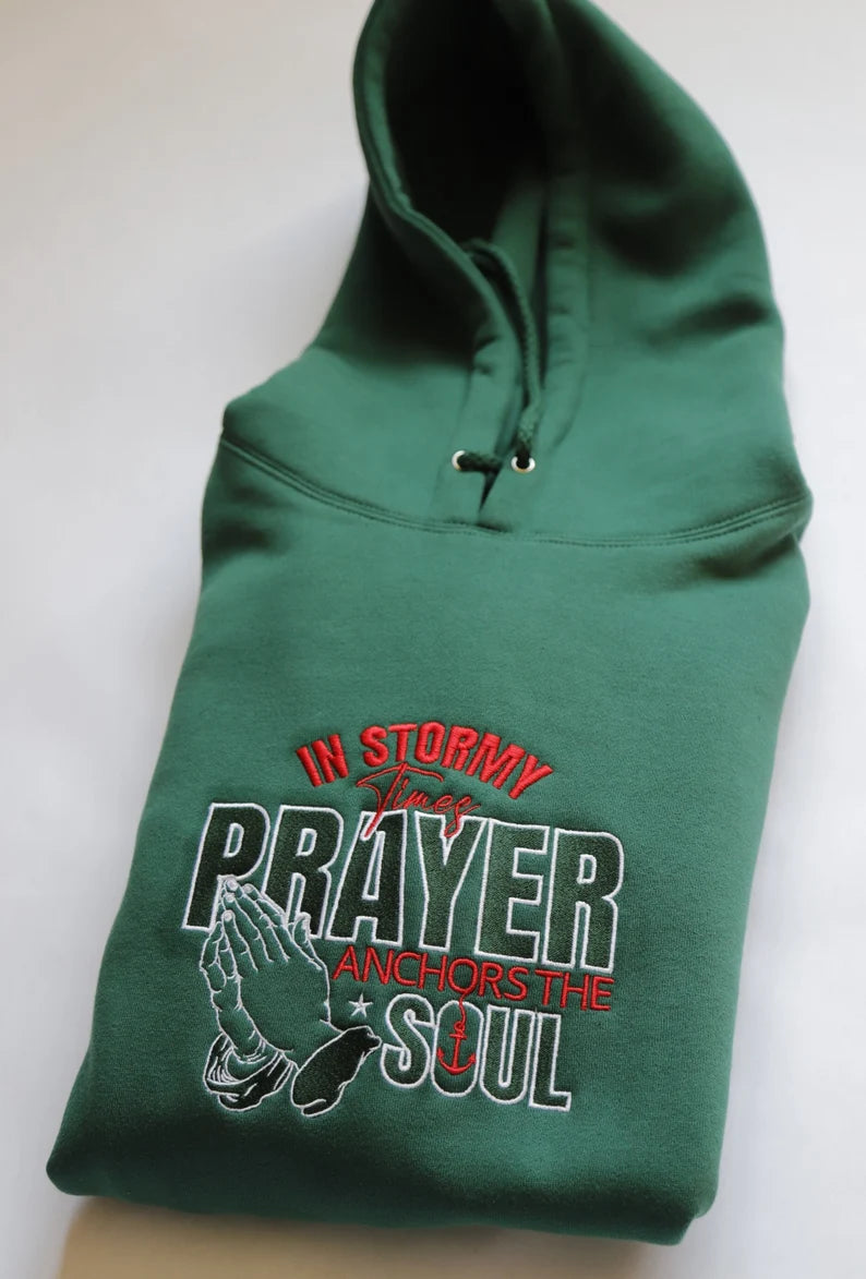 Prayer Embroidered Hoodie | Green Fleece Pullover | Unisex Prayer Apparel | Comfortable Hoodie Sweatshirt | Faith Hoodie, Pink Prayer Hoodie